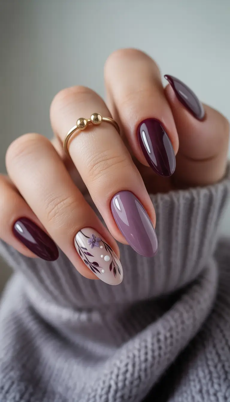 fall nails oval shape Glossy Plum Florals With a Hint of Drama