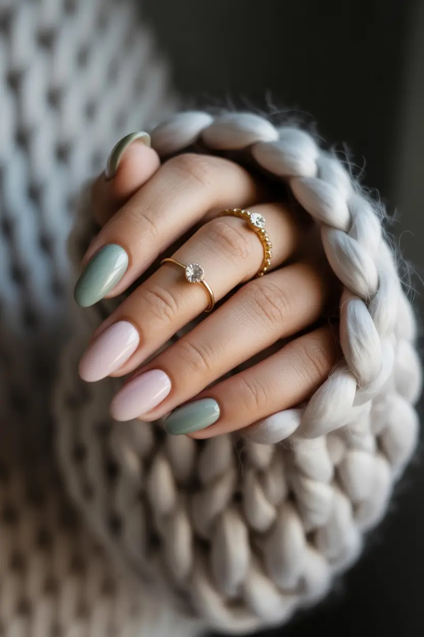fall nails oval shape Cozy Sage and Pink Mix