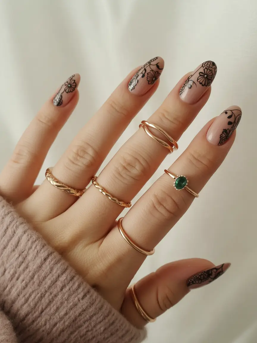 fall nails oval shape Botanical Lace Meets Nude Perfection