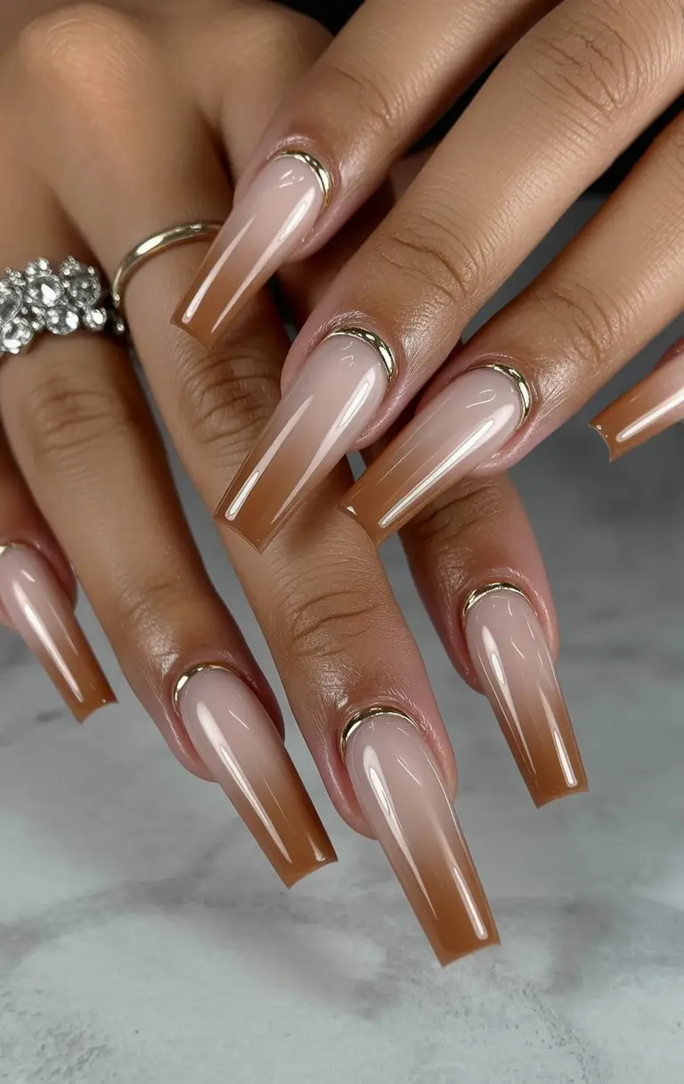 Fall Ombré Nails 2025 Chocolate Ombre with Gold Cuticle Accents