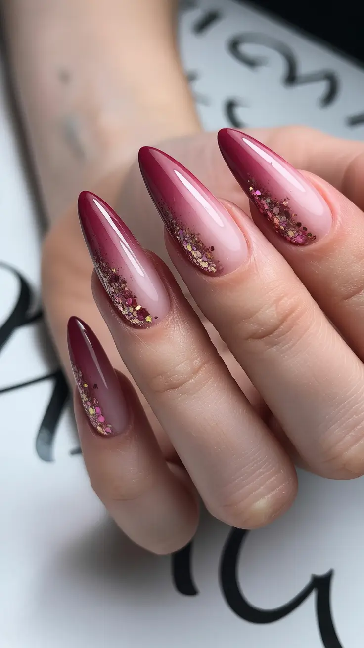 Fall Ombré Nails 2025 Burgundy Sparkle Fade