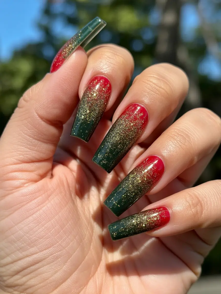 Fall Ombré Nails 2025 Green Red Glitter Ombre