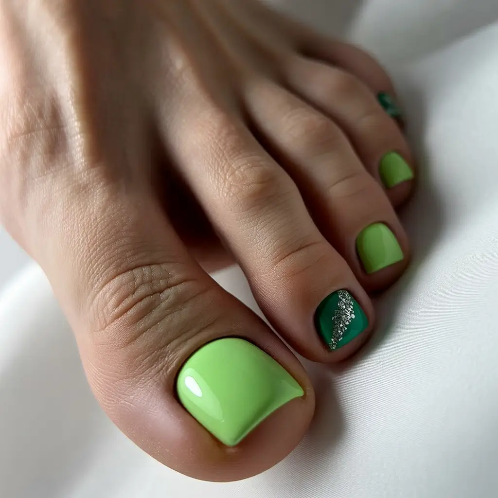 fall-pedicure-colors-2025-green-split-tone-crystal