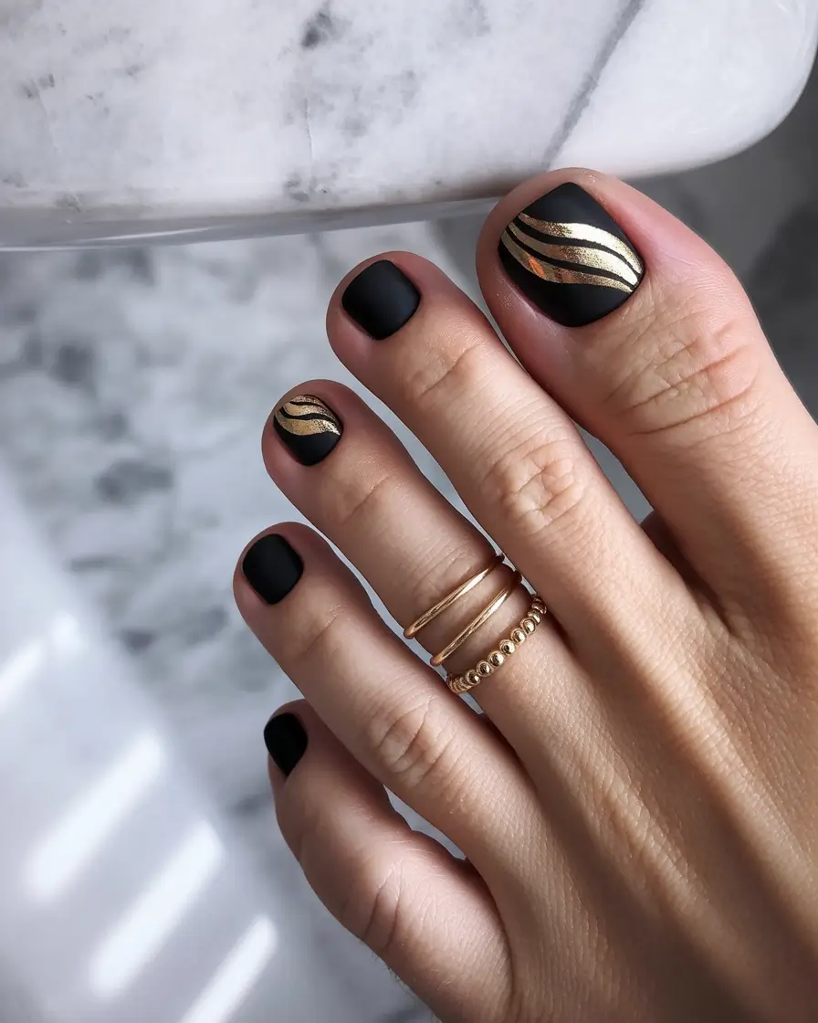 fall-pedicure-colors-2025-black-gold-matte