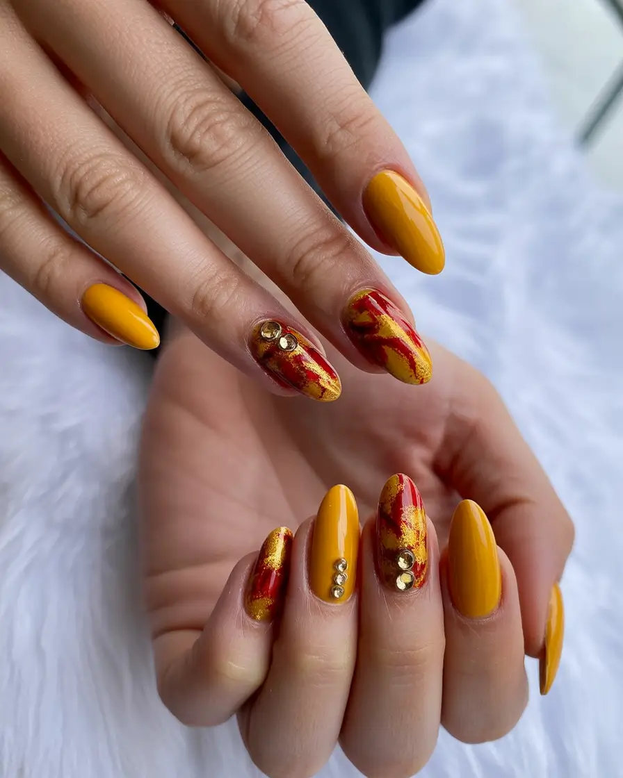 Fall Rhinestone & Embellished Nails 2025 Golden Flames with Rhinestone Spark