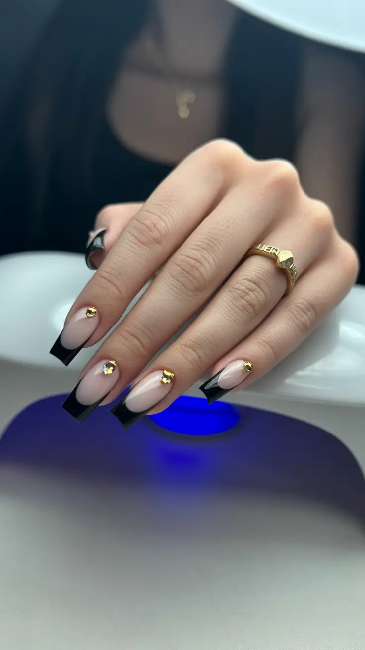 Fall Rhinestone & Embellished Nails 2025 Black French with Golden Rhinestone Accents