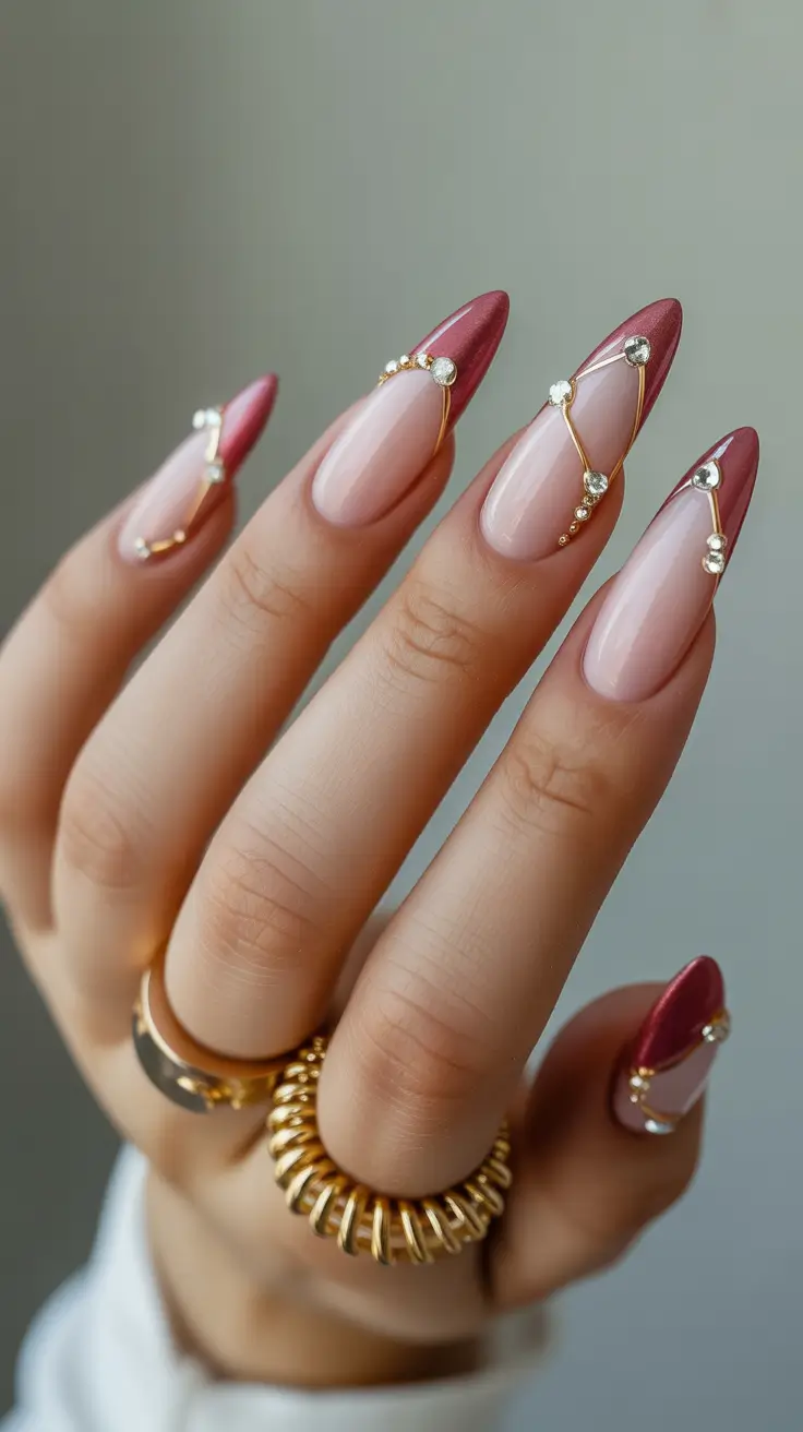 Fall Rhinestone & Embellished Nails 2025 Metallic Burgundy French with Crystal Chains