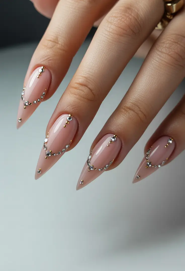 Fall Rhinestone & Embellished Nails 2025 Crystal Veil on Nude Almond Nails