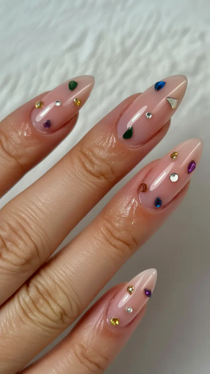 Fall Rhinestone & Embellished Nails 2025 Minimal Jewel Pops on Nude Base
