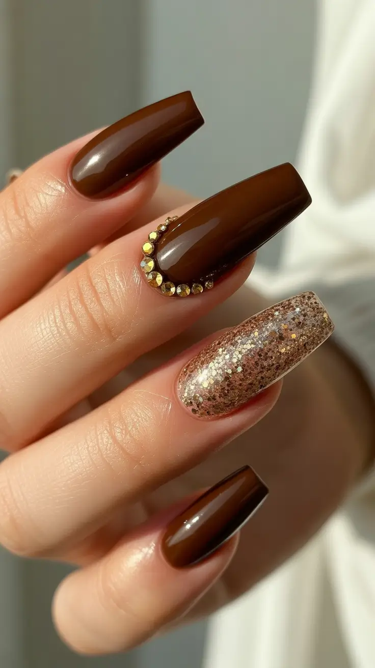 Fall Rhinestone & Embellished Nails 2025 Chocolate Gold Luxe