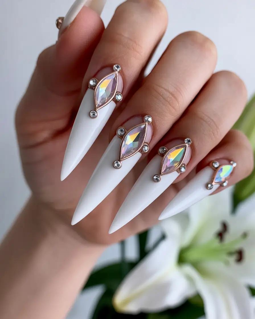 Fall Rhinestone & Embellished Nails 2025 White Stiletto with Crystal Shields