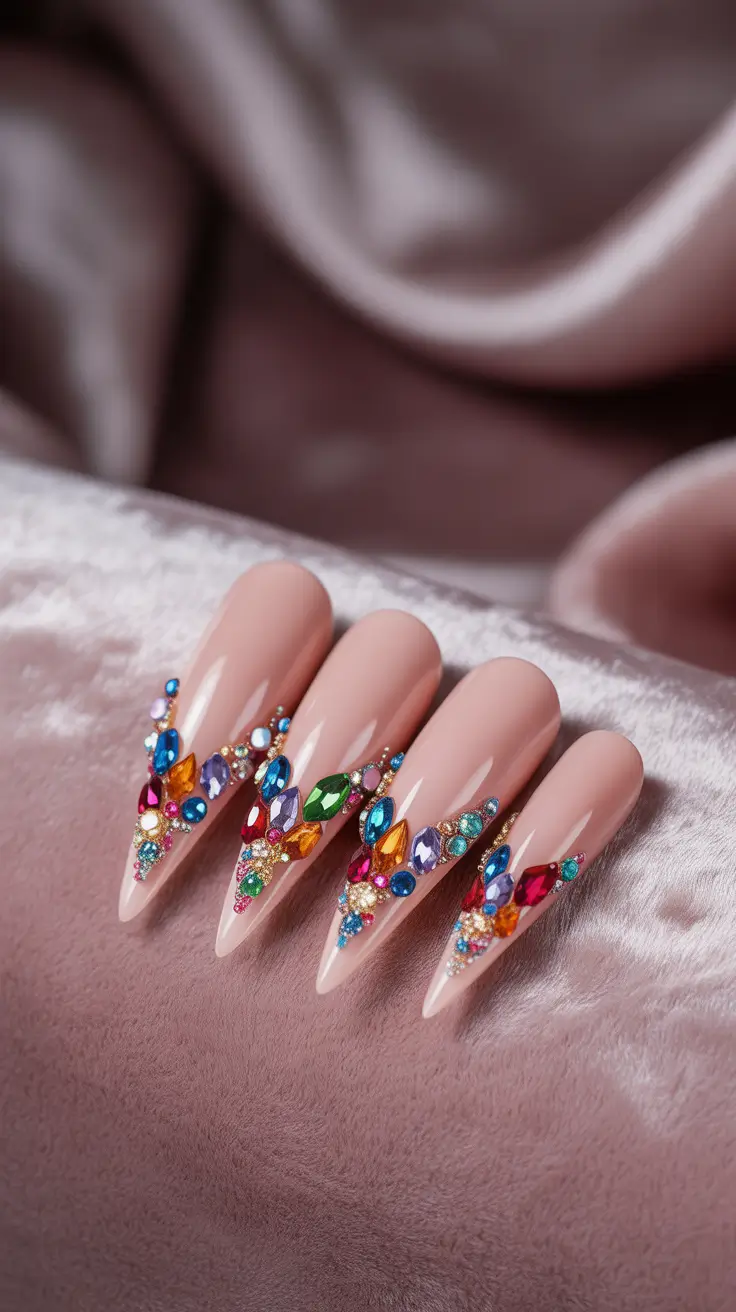 Fall Rhinestone & Embellished Nails 2025 Rainbow Jewel Drama