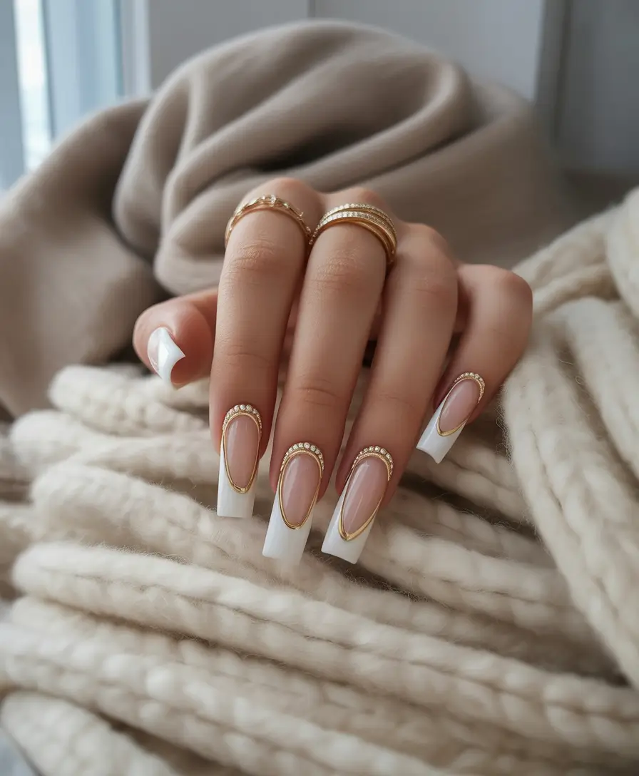 Fall Rhinestone & Embellished Nails 2025 Golden Frame French