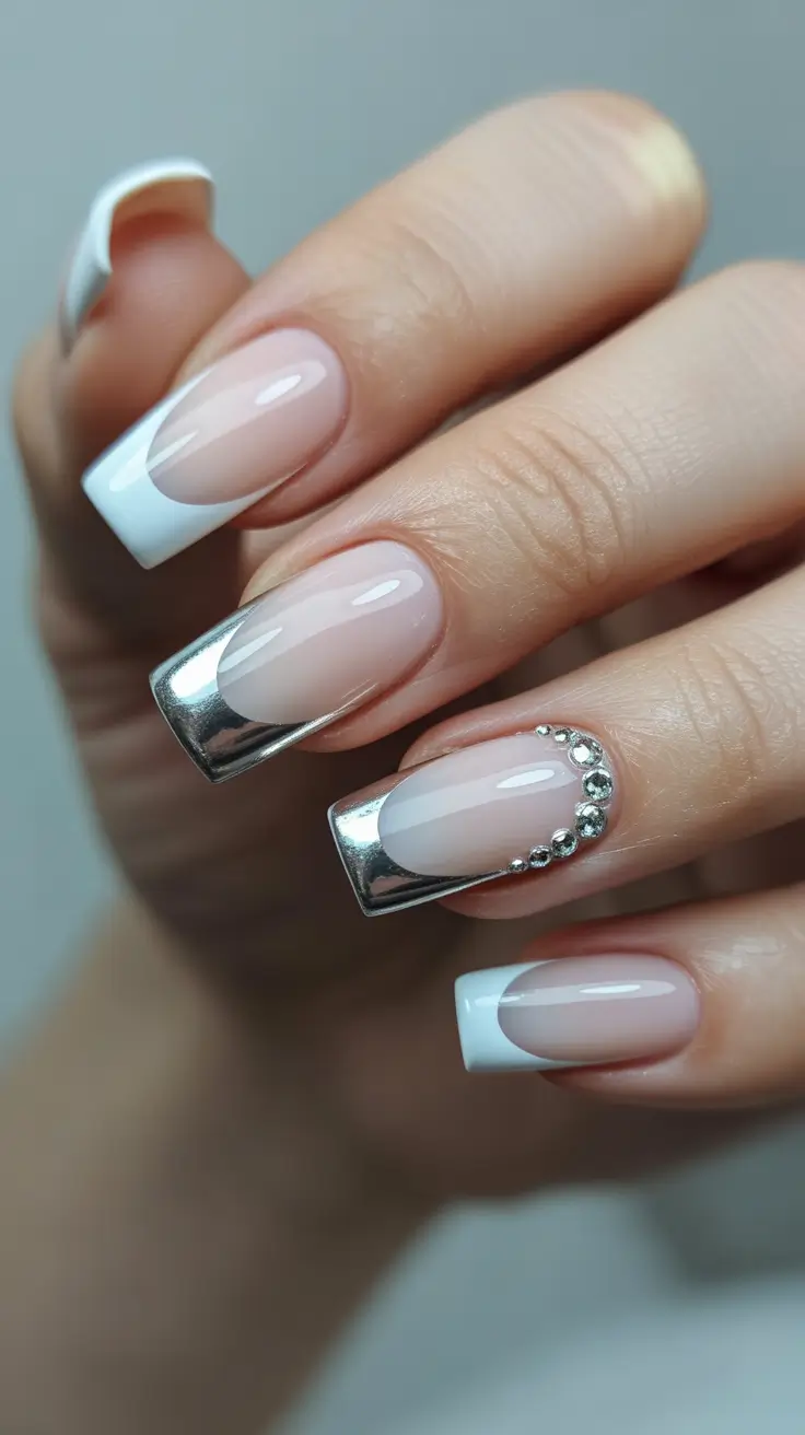 Fall Rhinestone & Embellished Nails 2025 Silver Accent French