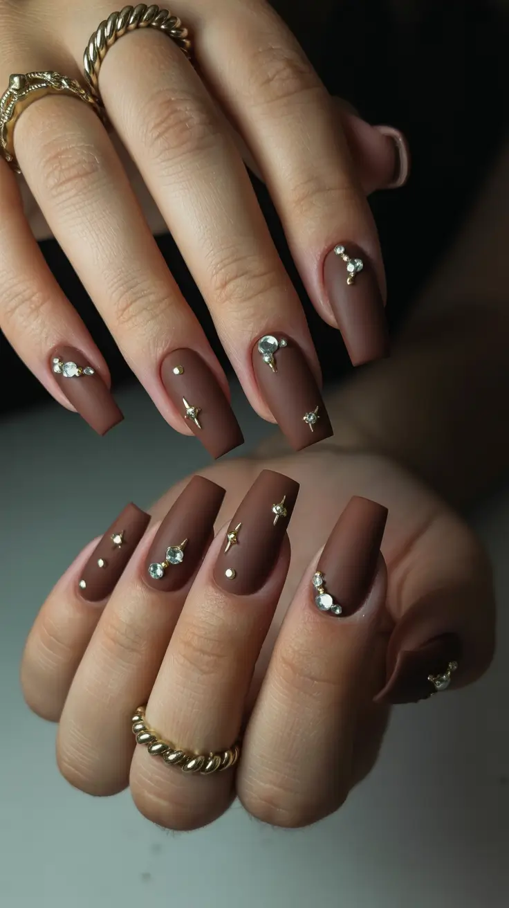 Fall Rhinestone & Embellished Nails 2025 Velvety Chocolate Matte with Minimal Rhinestones
