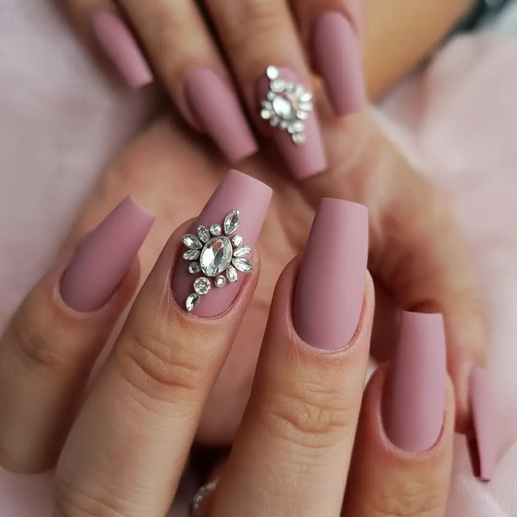Fall Rhinestone & Embellished Nails 2025 Soft Mauve with Statement Rhinestone Cluster