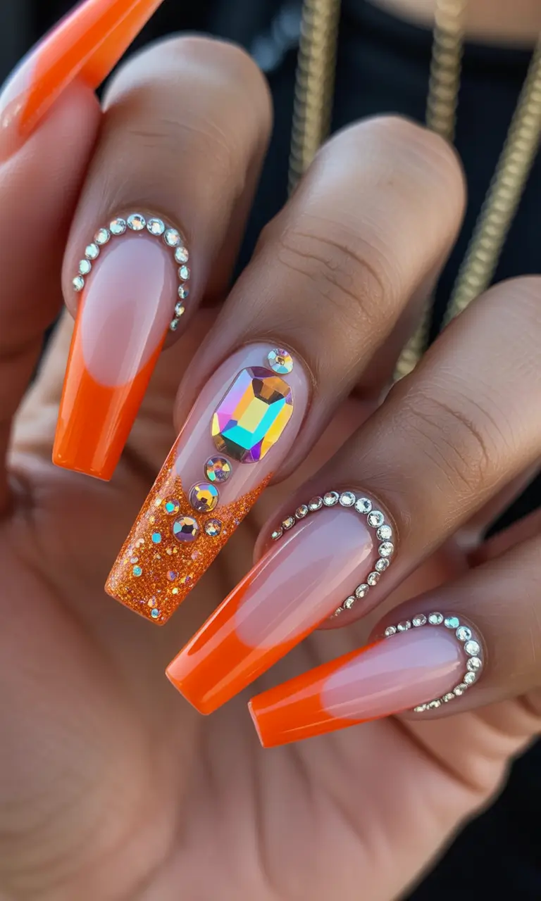 Fall Rhinestone & Embellished Nails 2025 Electric Orange Ombre with Crystal Borders