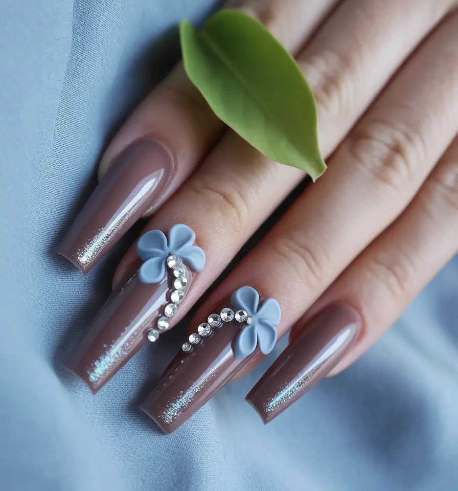 Fall Rhinestone & Embellished Nails 2025 Soft Taupe with 3D Floral and Rhinestone Curve