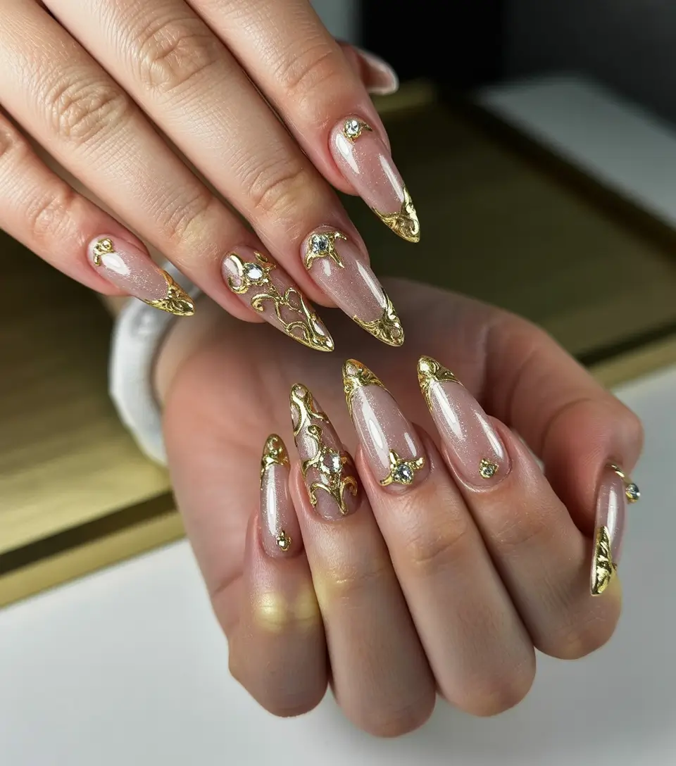 Fall Rhinestone & Embellished Nails 2025 Golden Baroque French with Crystals