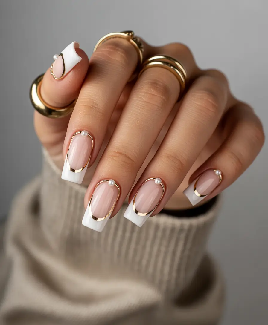 Fall Rhinestone & Embellished Nails 2025 Modern French with Pearls and Gold Trim