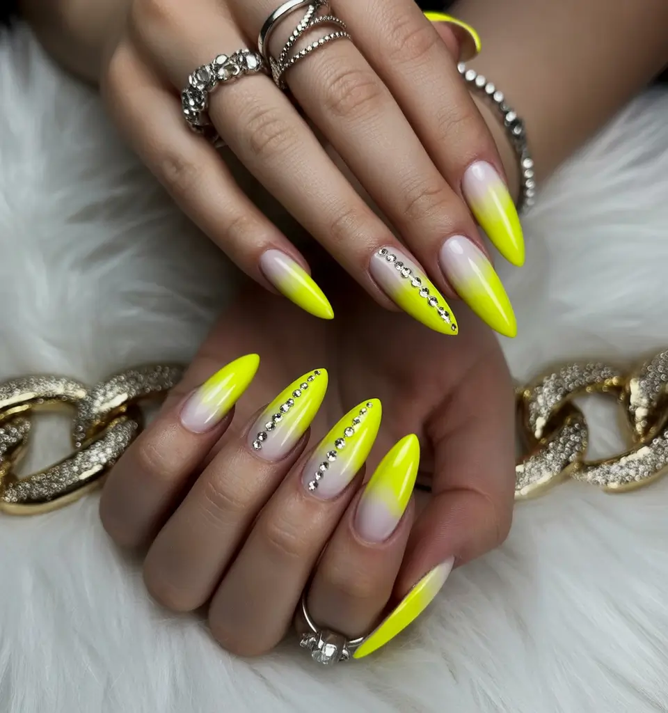 Fall Rhinestone & Embellished Nails 2025 Neon Fade with Rhinestone Linework