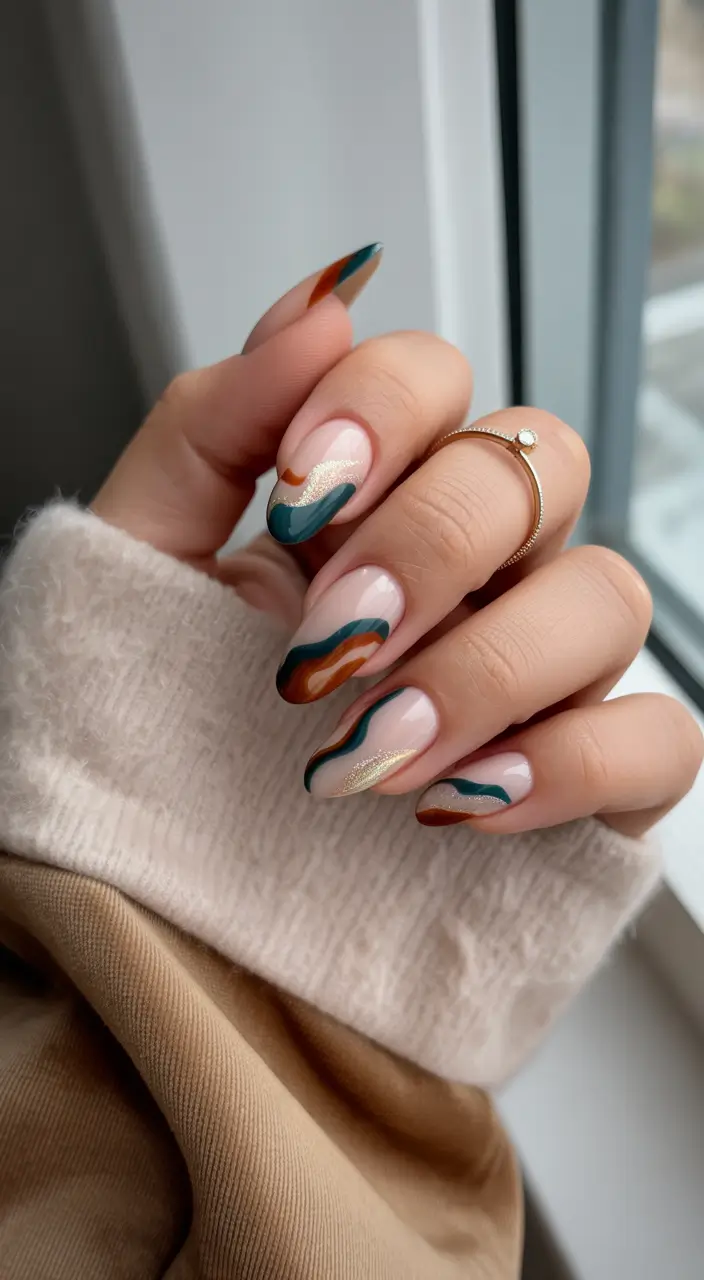 fall season nails ideas 2025 – Almond Waves in Teal, Burnt Orange and Gold