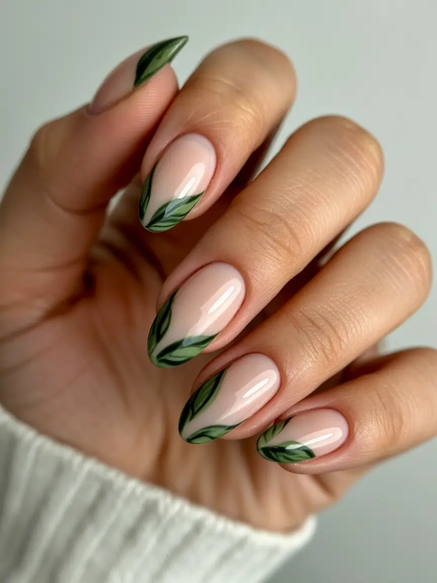 fall season nails ideas 2025 – Olive-Leaf French on Soft Almond