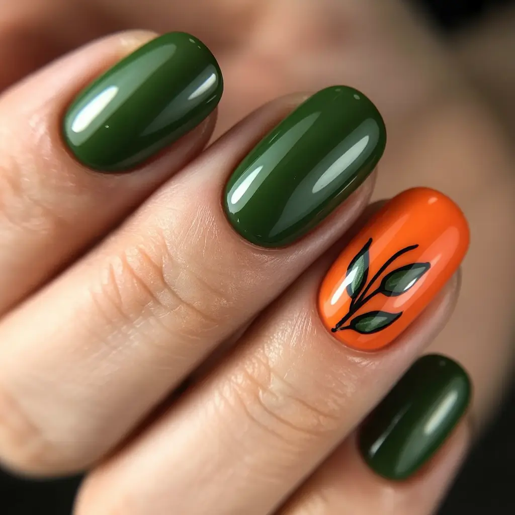 fall season nails ideas 2025 – Olive and Pumpkin Accent with Inked Leaves