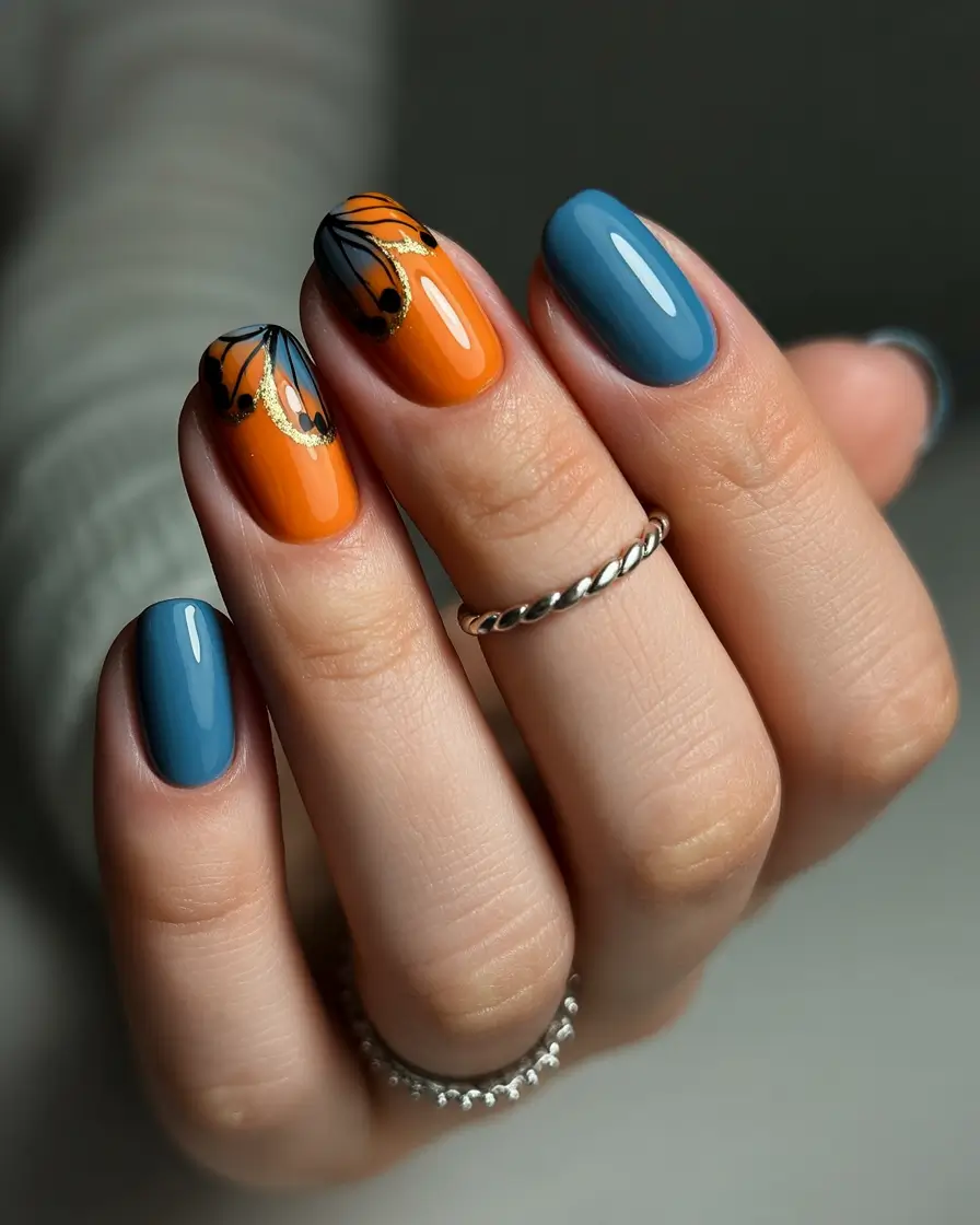 fall season nails ideas 2025 – Monarch Wing Tips with Smoky Blue Solids