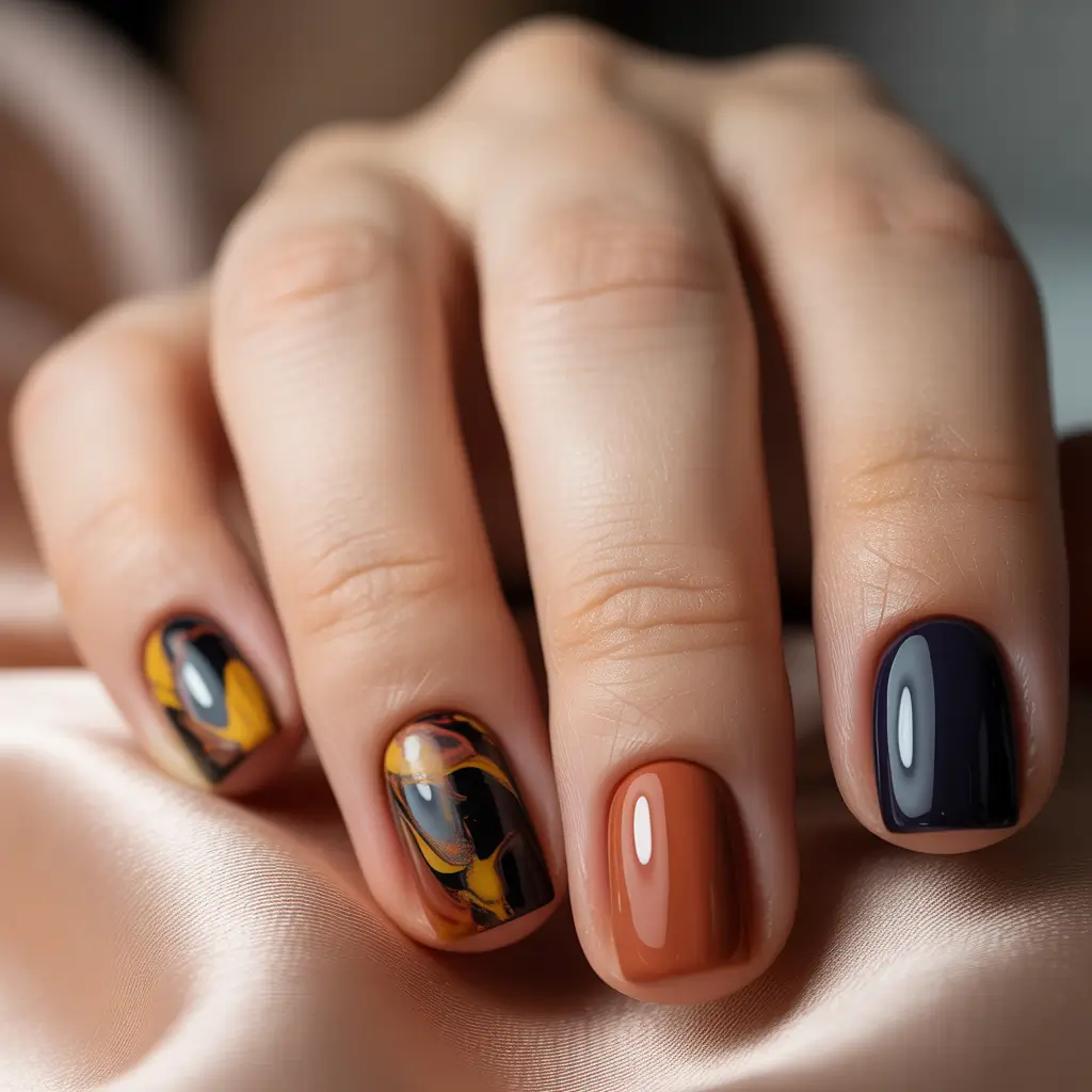 fall season nails ideas 2025 – Short Tortoiseshell Mix with Caramel and Ink