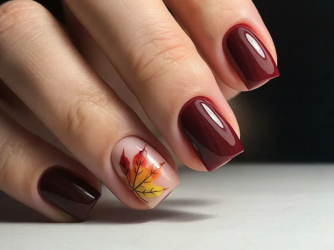 fall season nails ideas 2025 – Cranberry Short Square with Watercolor Leaf Accent