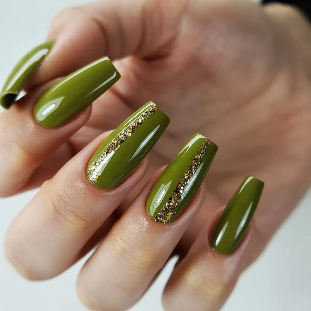 fall season nails ideas 2025 – Long Olive Square with Gold Glitter Spine