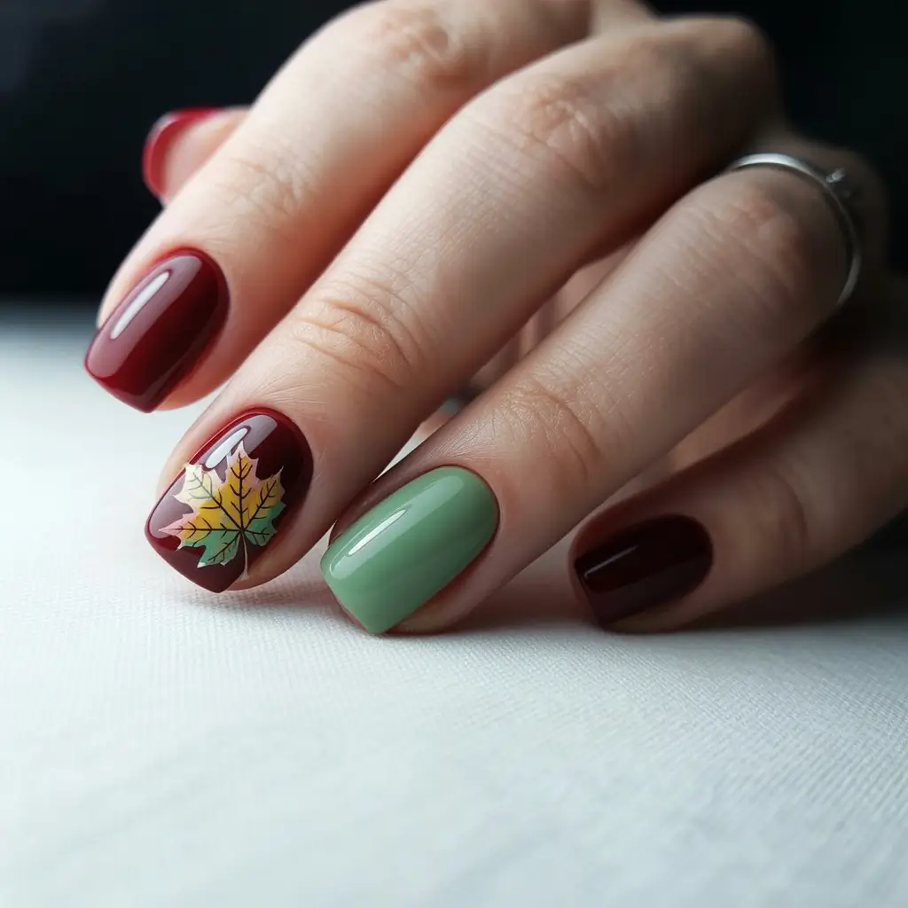 fall season nails ideas 2025 - Maple-Leaf Burgundy with Sage Accent