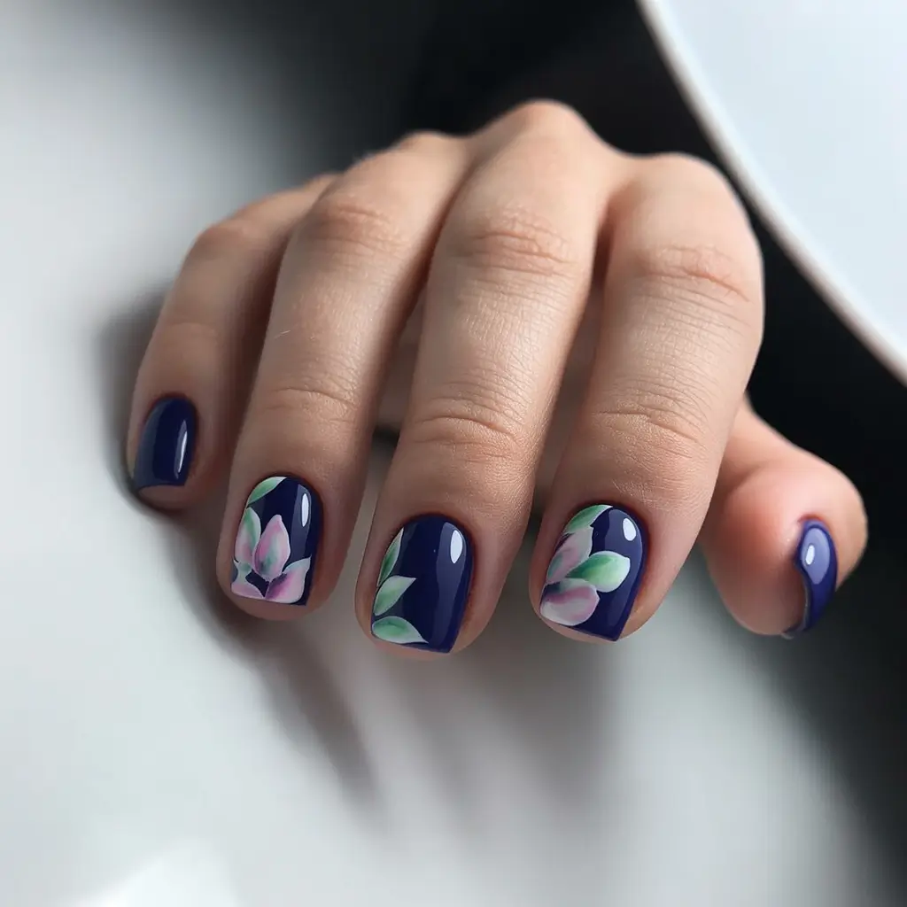 fall season nails ideas 2025 - Midnight Petals on Short Gel