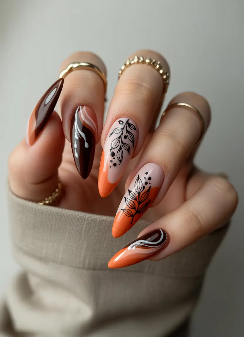 fall season nails ideas 2025 - Burnt Orange Botanicals on Glossy Stiletto