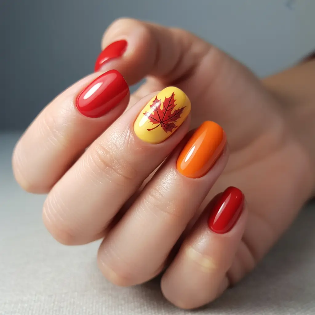 fall season nails ideas 2025 – Maple Leaf Minis in Fiery Reds
