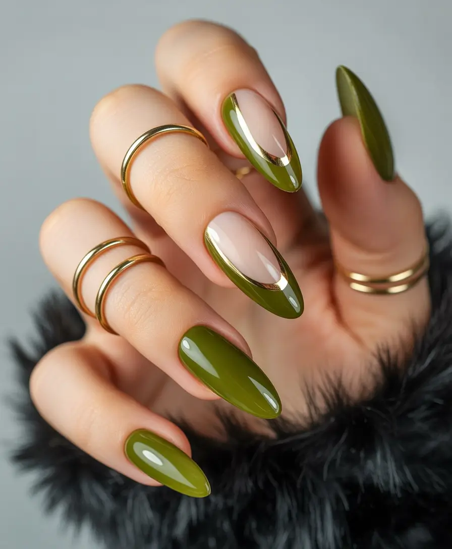 fall season nails ideas 2025 - Olive French with Gold Micro-Edge