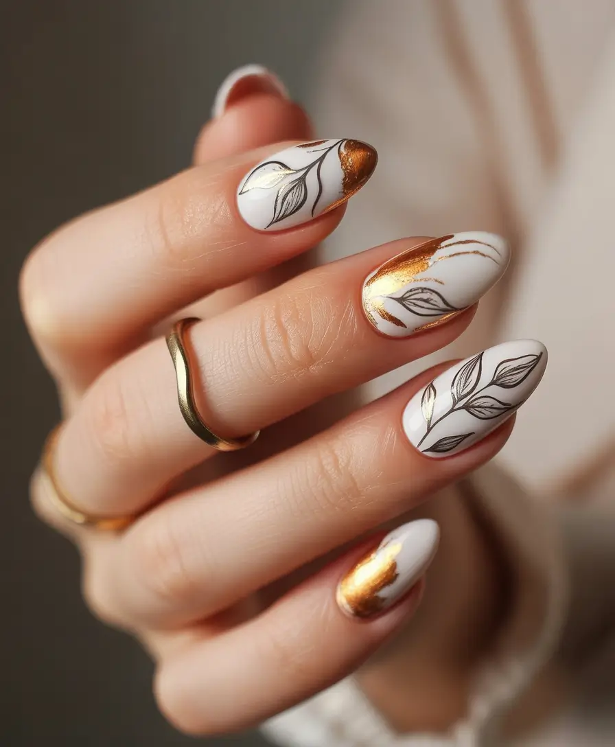 fall season nails ideas 2025 - Porcelain White Almond with Liquid-Gold Leaves