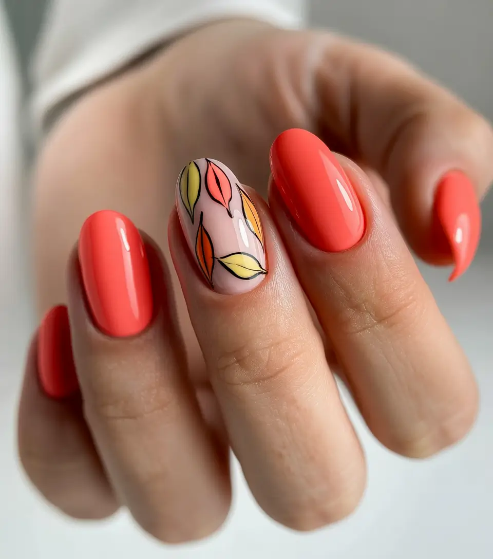 fall season nails ideas 2025 - Coral Pop with Floating Fall Leaves Accent