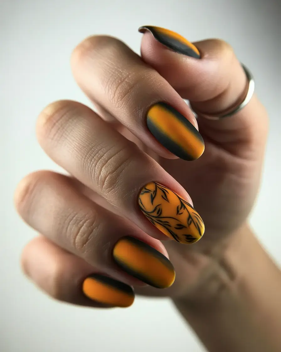 fall season nails ideas 2025 - Matte Ember Gradient with Shadowed Leaves