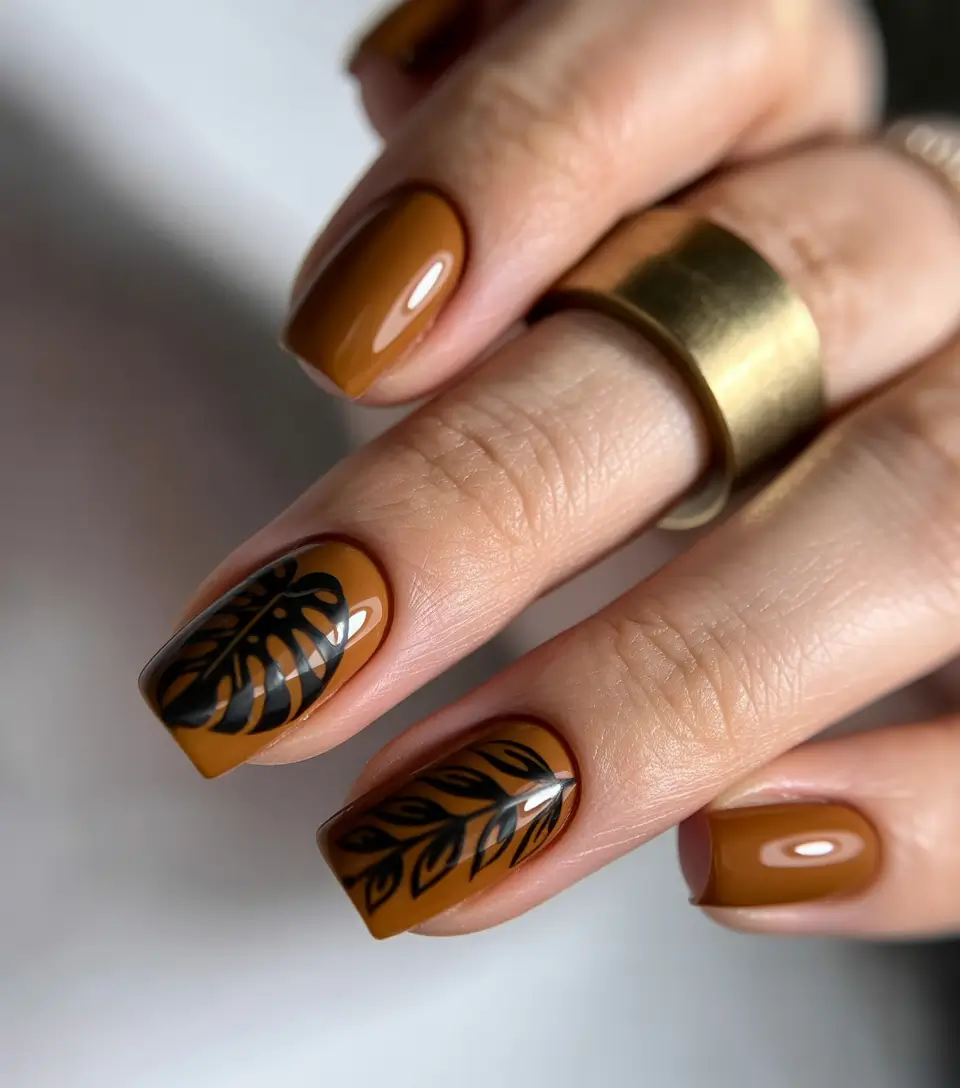 fall season nails ideas 2025 - Toffee Short Square with Ink-Black Botanicals