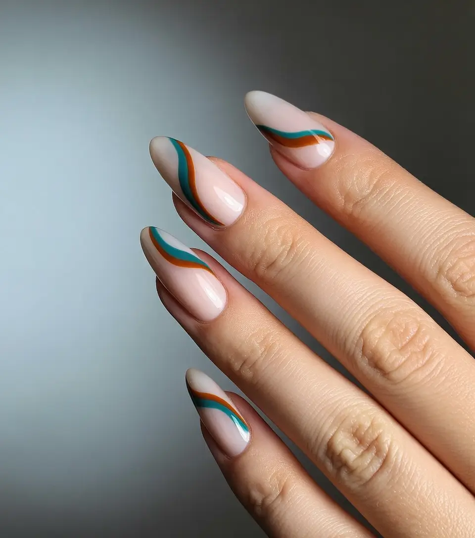 fall season nails ideas 2025 - Nude Sidewaves in Teal and Rust