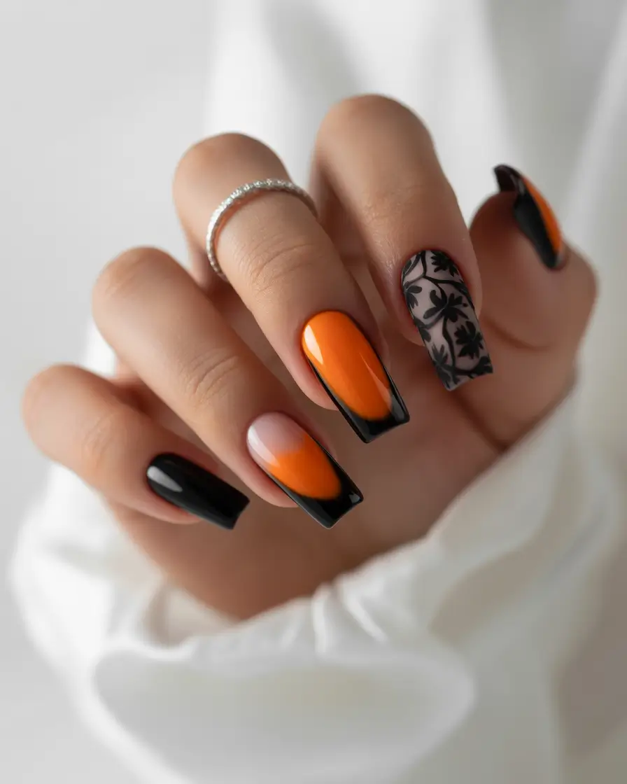 fall season nails ideas 2025 - Black-Framed Burnt Orange Acrylic Square