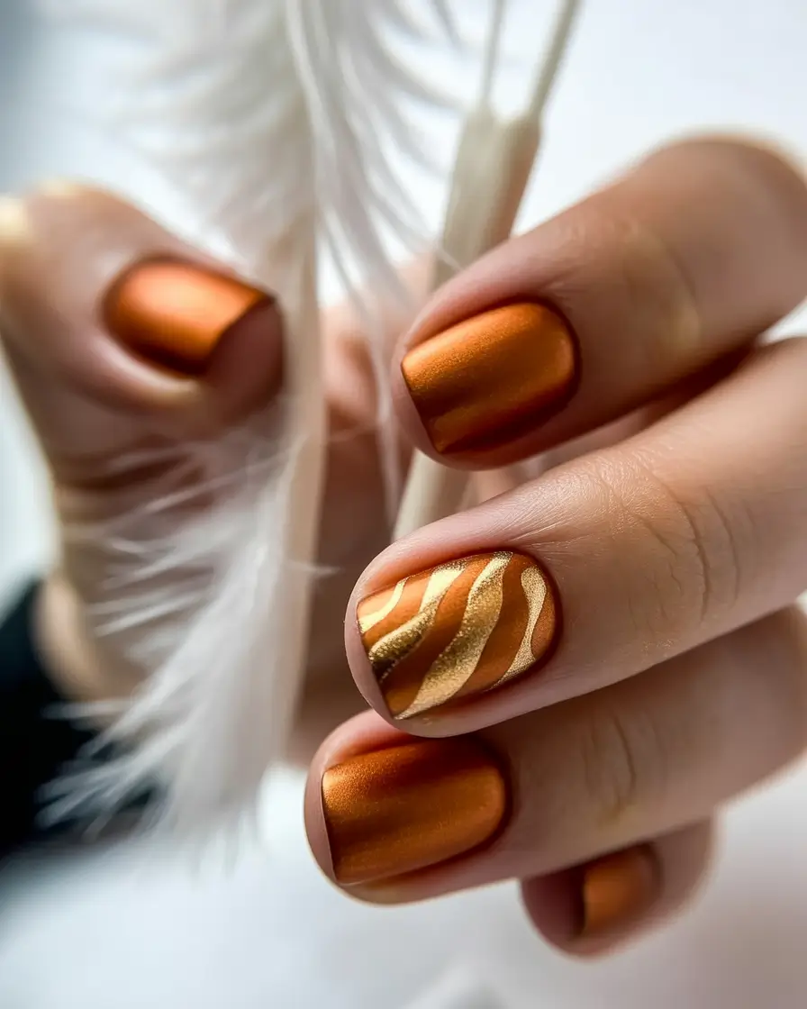 fall season nails ideas 2025 - Satin Pumpkin Short with Gold Waves