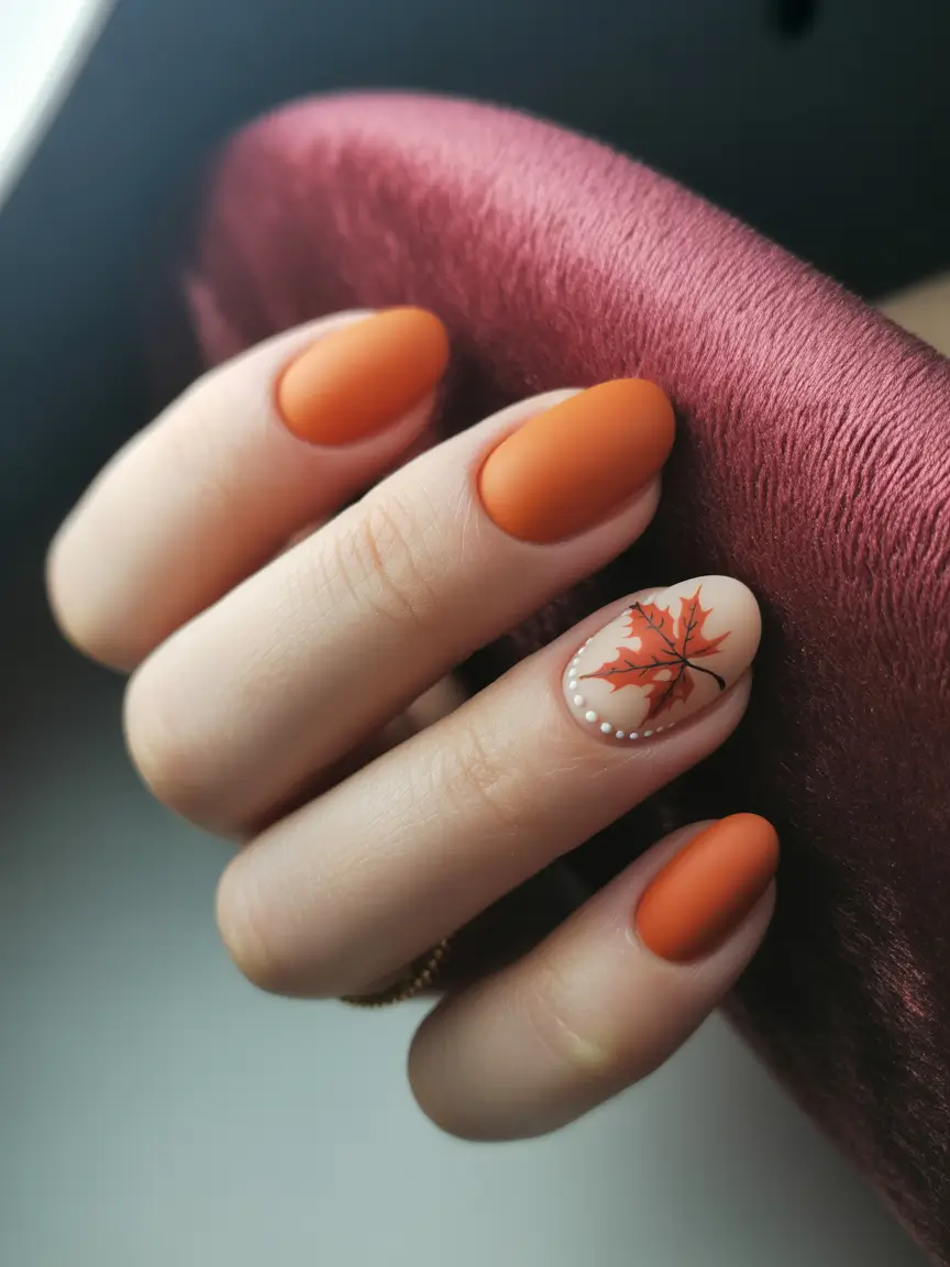 fall season nails ideas 2025 – Matte Pumpkin Almond with Dotted Leaf Cameo
