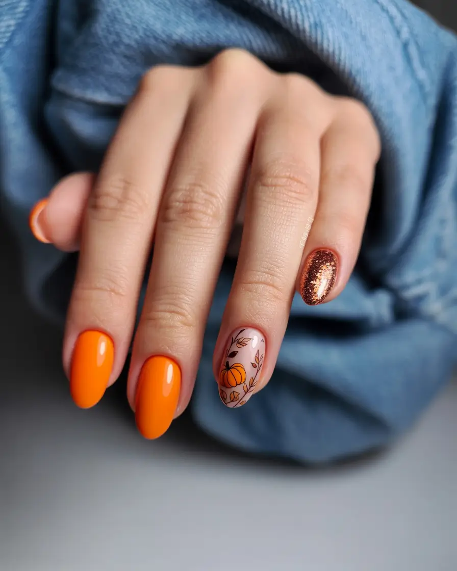 fall season nails ideas 2025 – Spiced Orange with Copper Glitter and Pumpkin Sketch