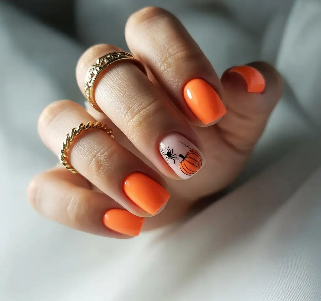 fall season nails ideas 2025 – Short Square Pumpkin Pop with Tiny Spider