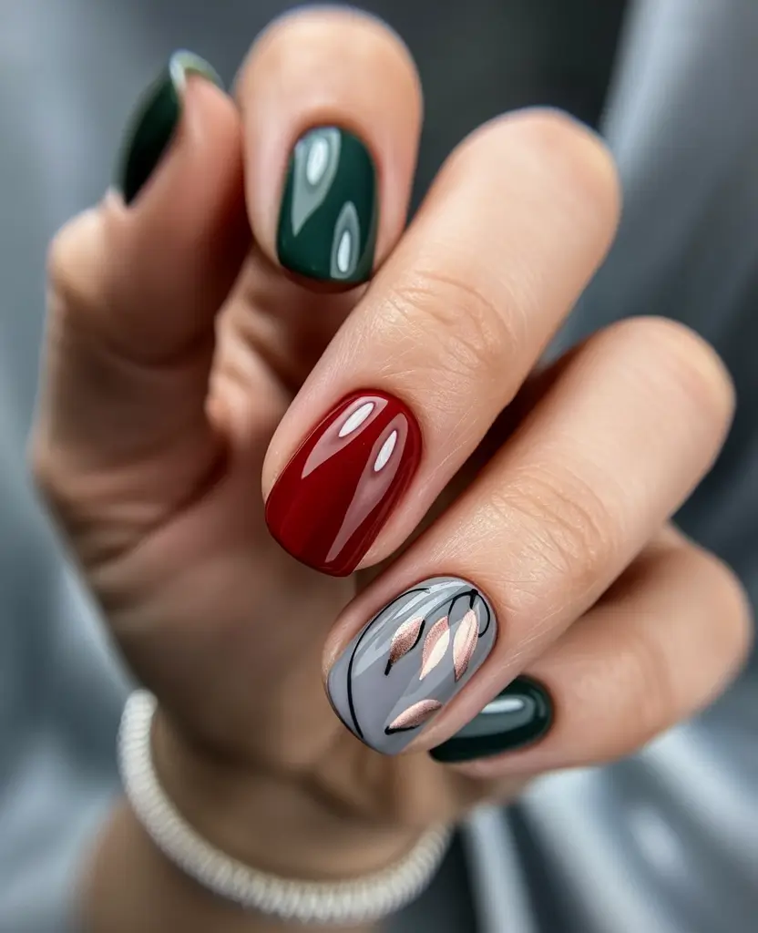 fall season nails ideas 2025 – Forest, Merlot and Chrome Petals Mix