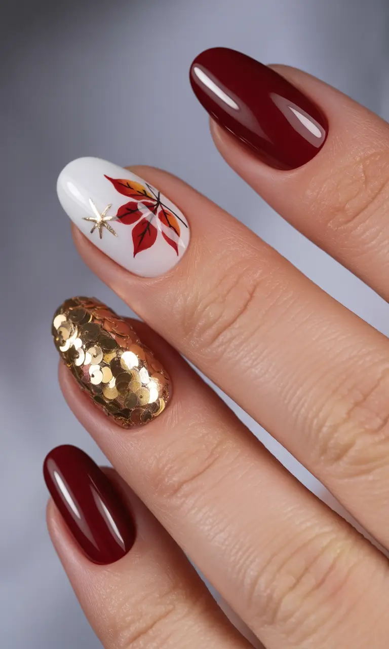 fall season nails ideas 2025 – Burgundy Almond with Gold Sequin and Leaf Accent