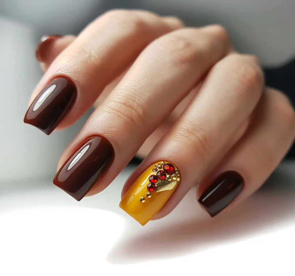 fall season nails ideas 2025 – Chocolate Acrylic Square with Mustard Gem Accent